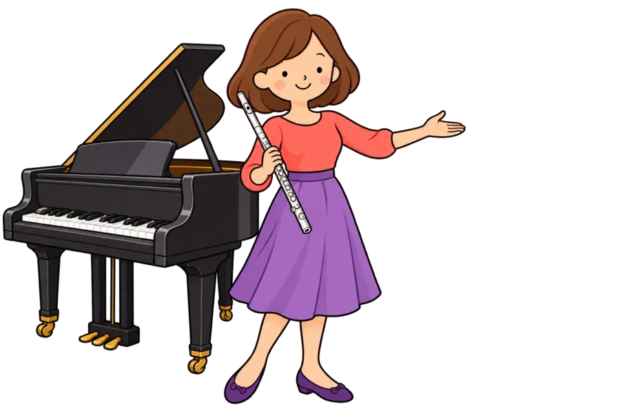 Ayakta müzik öğretmeni çizgi karakteri, piyanosu ve yan flütüyle yanındaki başvuru formunu gösteriyor