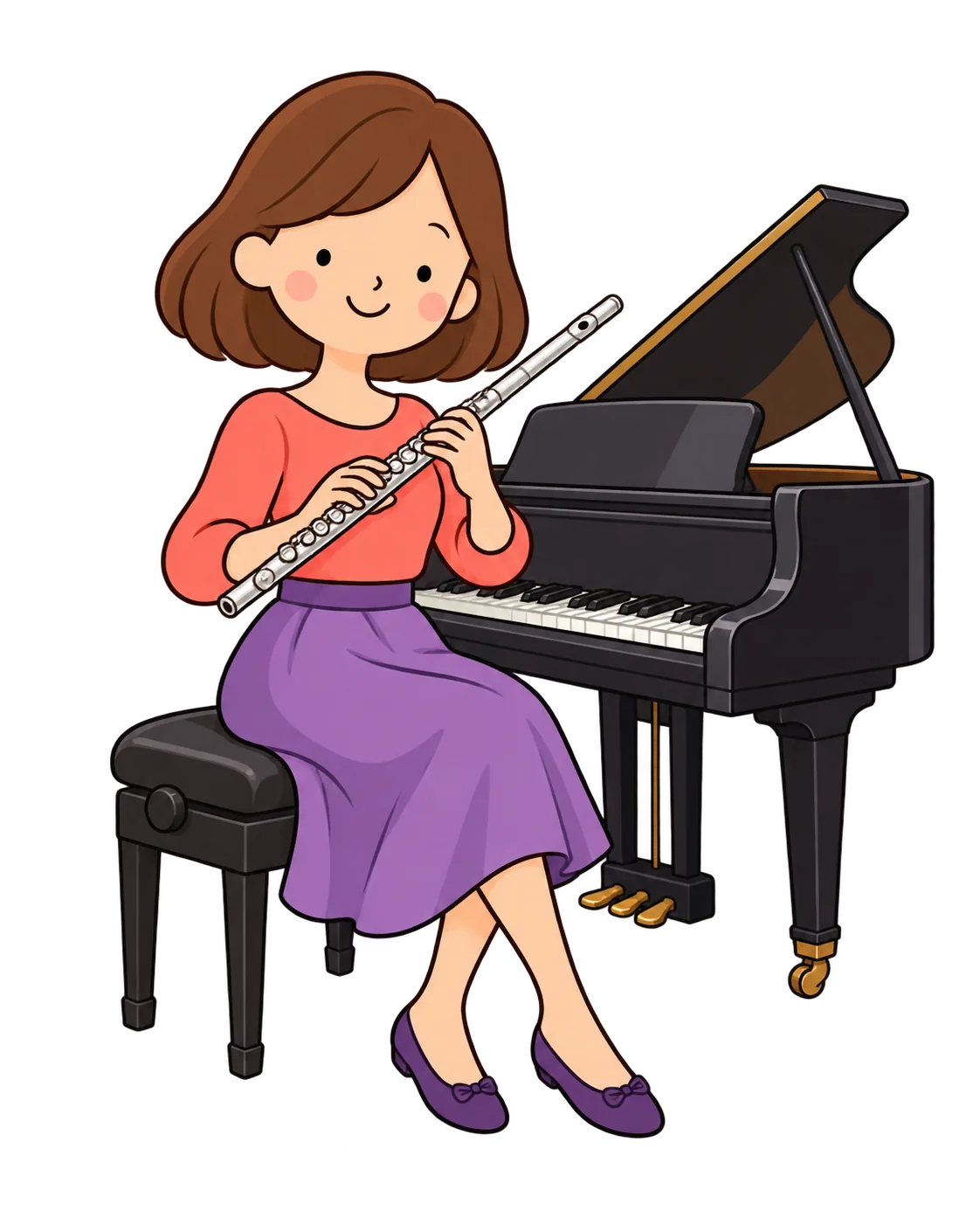 Piyano ve yan flütle çizilmiş, yüz ayrıntıları sade kadın müzik öğretmeni maskotu